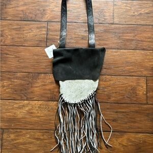 Black and Acid Wash Hair on Hide Crossbody Bag with Fringe